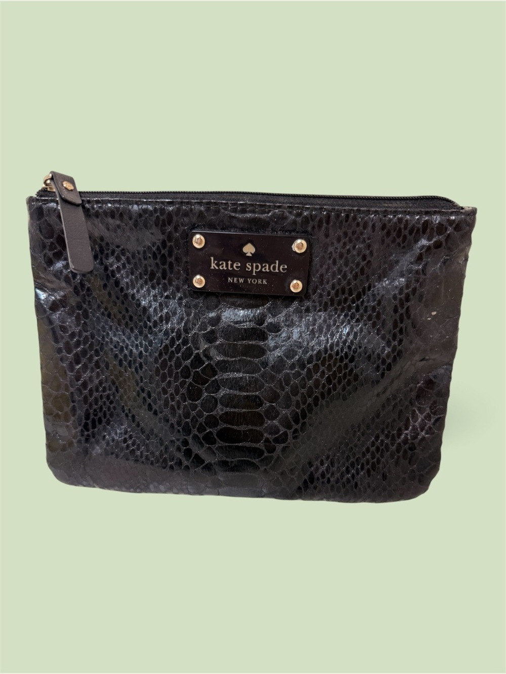 Kate Spade Black Embossed Snake-Print Cosmetic Pouch Python Skin Textured